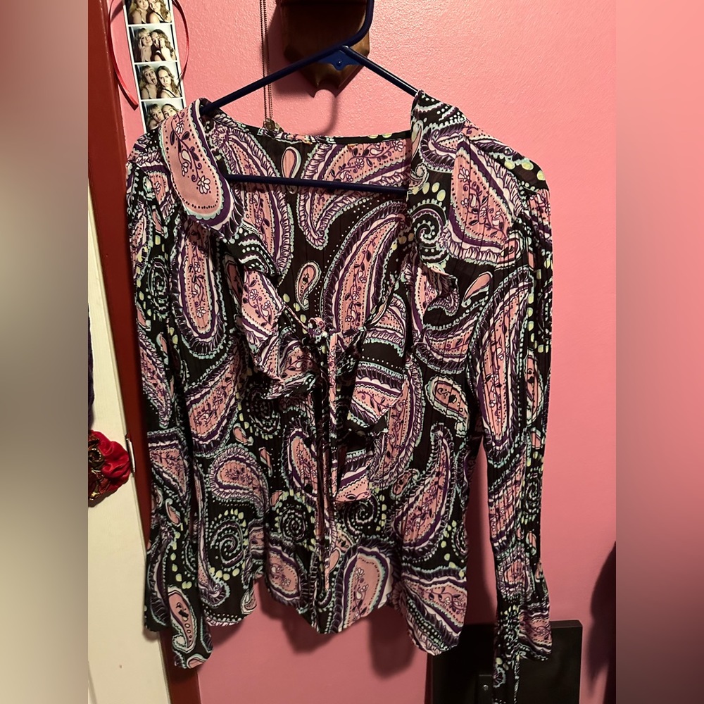 Paisley blouse, black, pink, green, purple, and white